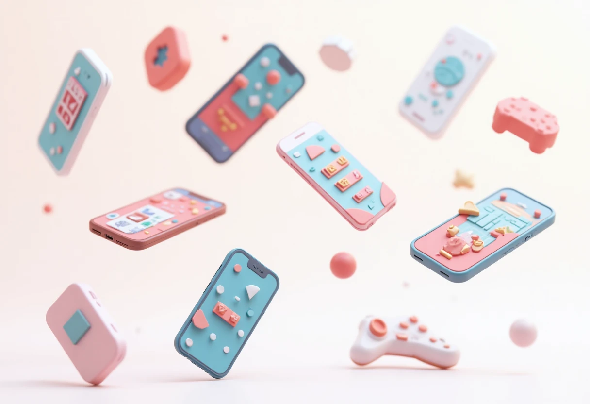 Ícones de jogos mobile em um espaço colorido